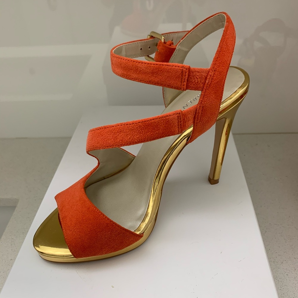 Karen Millen suede strappy heels, orange, sz.6-6.5 - Picture 3 of 9